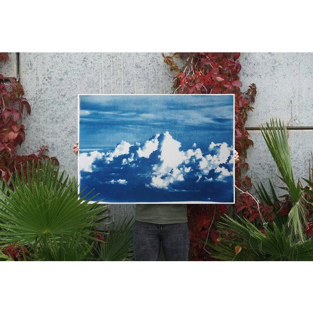 Campaign Blustery Clouds After a Storm, Sky Blue Handprinted Cyanotype on Watercolor Paper, Meaningful Scene 28x40 Inch. Limited Edition For Sale - Image 3 of 13