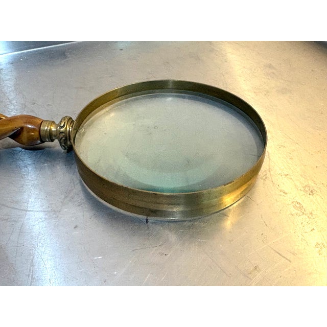 Brass / Twisted Wood-Handle Large Magnifying Glass For Sale - Image 4 of 4