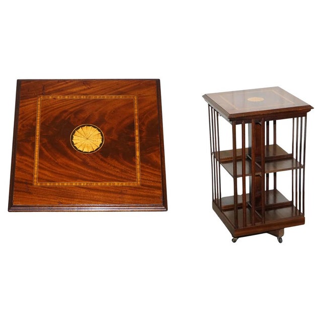 Mid-Centry Sheraton Revival Inlaid Revolving Bookcase End Table on Castors For Sale - Image 17 of 17