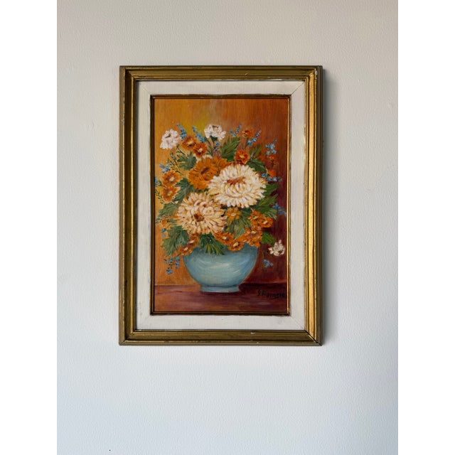 1980s Vintage J. Romero Floral Still Life Oil on Artist Board Painting, Gold Wood Framed For Sale - Image 4 of 13
