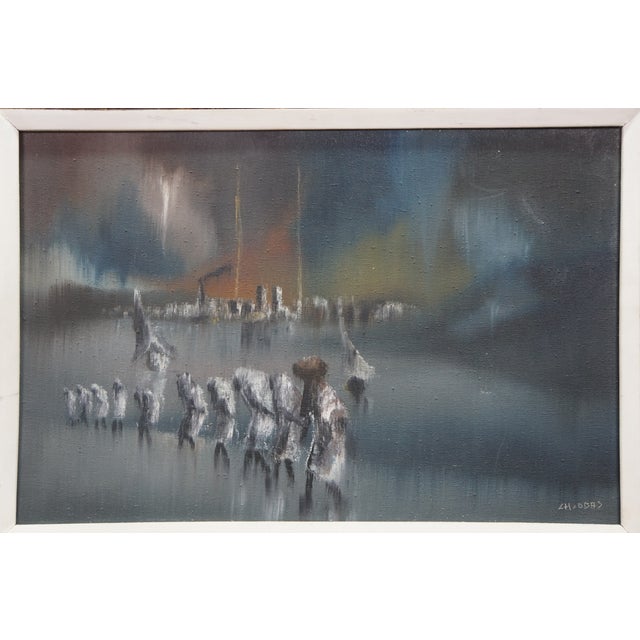 Textile Mid 20th Century Charles Obas Rainy Haitian Village Scene Sailboats Figures Oil Painting 29" For Sale - Image 7 of 10