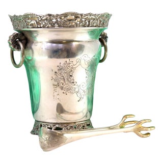 Ice Bucket with Silver Tongs and Ring-Shaped Handles For Sale