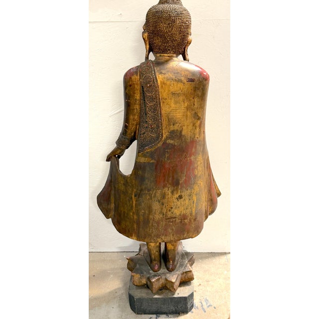 Monumental Giltwood Standing Buddha with Lotus Base, Burma, Late 19th Century For Sale - Image 18 of 18