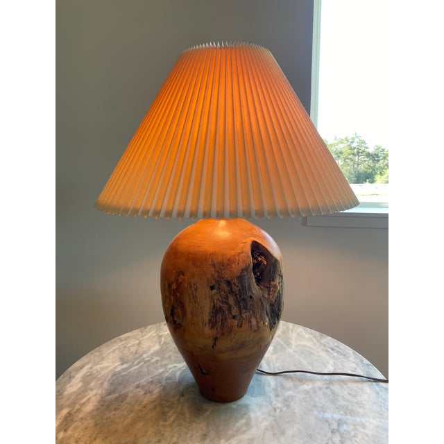 Carved Turned Wood Log Artisan Rustic Lamp + Pleated Shade For Sale - Image 13 of 18