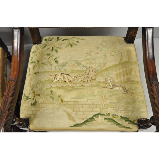 Antique French Louis XIV Style Needlepoint Tapestry Carved Walnut Arm Chair Pair For Sale - Image 11 of 18