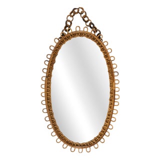 Mid-Century Oval Rattan and Bamboo Wall Mirror in the style of Franco Albini, Italy, 1960s For Sale