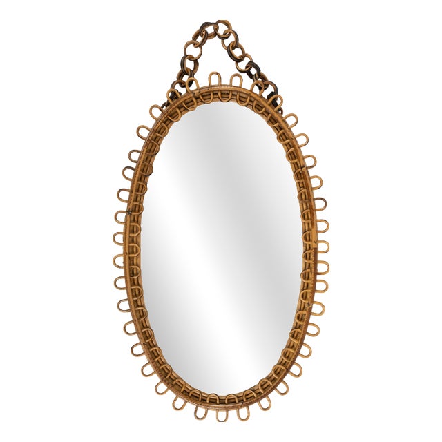 Mid-Century Oval Rattan and Bamboo Wall Mirror in the style of Franco Albini, Italy, 1960s For Sale