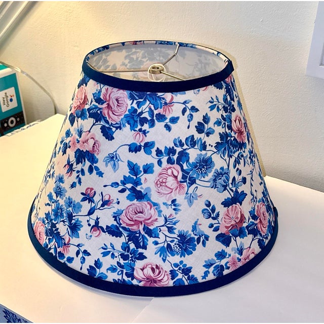 Shabby Chic Floral Fabric Lampshades With Navy Velvet Trim, Styled After Brunschwig & Fils, a Pair (New) For Sale - Image 3 of 8