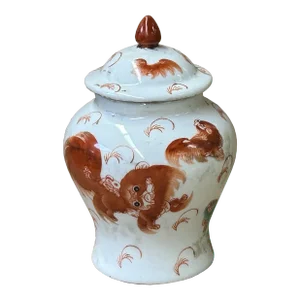 Oriental Vintage White Base Orange Foo Dog Lion Graphic Porcelain Jar