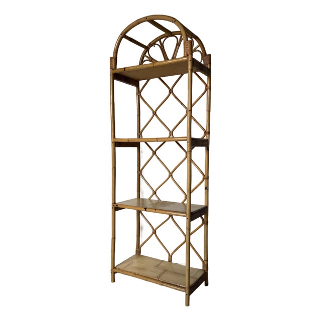 Vintage Coastal Arched Top Rattan Étagère With Wood Shelves For Sale