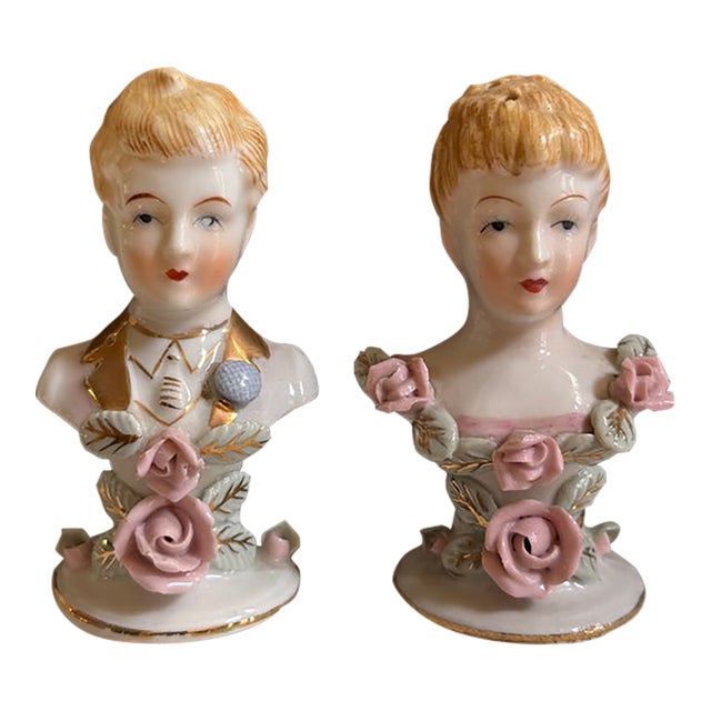 Vintage Figural Porcelain Salt & Pepper Shakers — Victorian-Style Couple For Sale