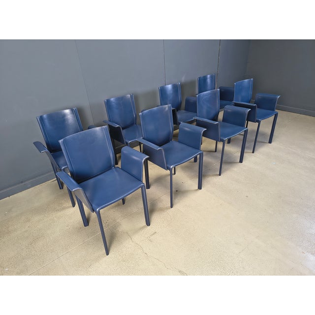 Vintage Blue Leather Dining Chairs, Italy, 1980s, Set of 8 For Sale - Image 11 of 12