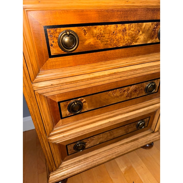 Vintage Burl Wood Veneer Inlaid Three-Drawer Chest With Bun Feet For Sale - Image 10 of 10