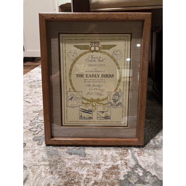Wood Vintage “The Early Birds” Aviation Membership Certificate – Framed Early Aviation Ephemera For Sale - Image 7 of 8