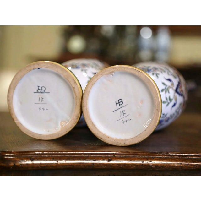 Ceramic Pair of Mid-Century French Hb Quimper Hand-Painted Faience Vases For Sale - Image 7 of 7