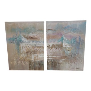 Vintage Lee Reynolds Textured Abstract Landscape Diptych, Large 30 X 40 Canvases For Sale