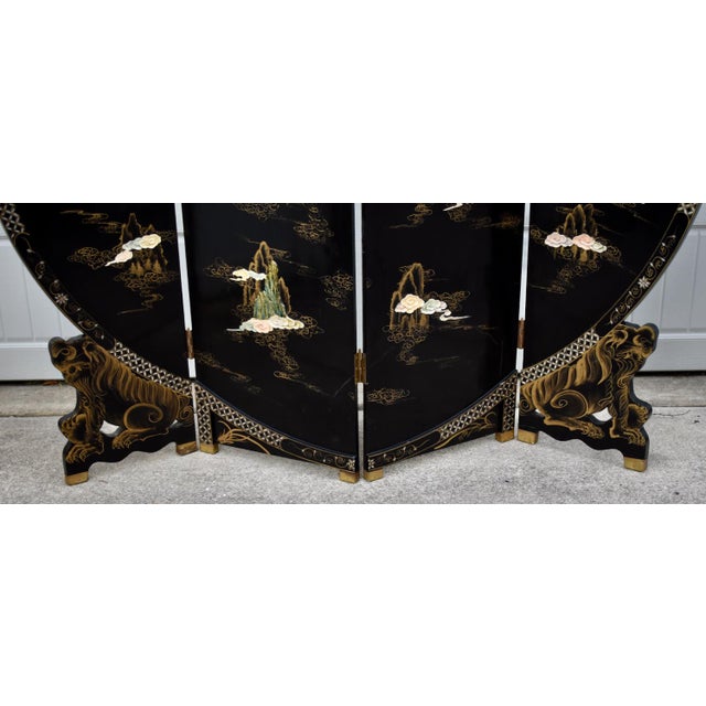 4 Panel Room Divider Vintage Chinese Coromandel Round Screen Black Lacquer For Sale - Image 11 of 16