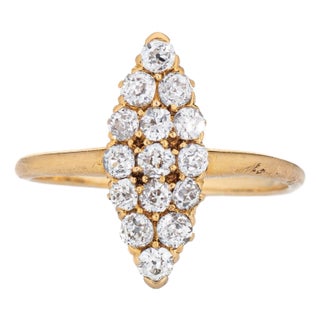 Late 19th Century Antique Victorian Diamond Ring 18k Yellow Gold Small Navette Size 4 Fine Jewelry For Sale