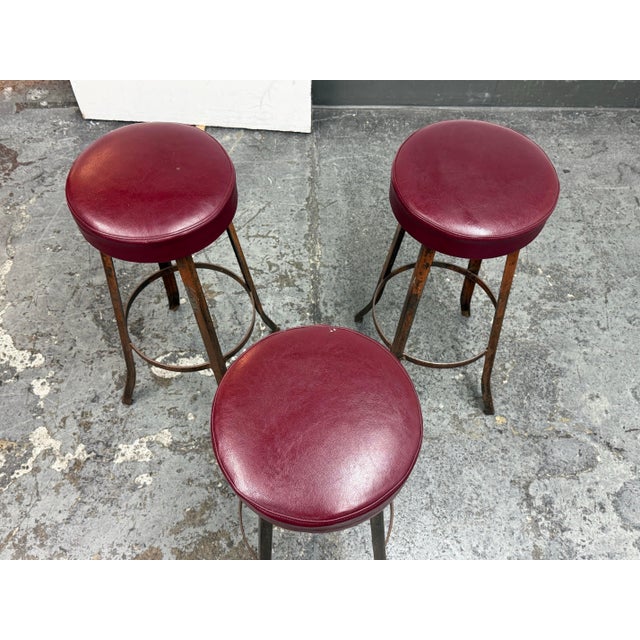 Mid 20th Century Mid 20th Century Burgundy Vinyl + Metal Bar Stools, Set of Three For Sale - Image 5 of 12