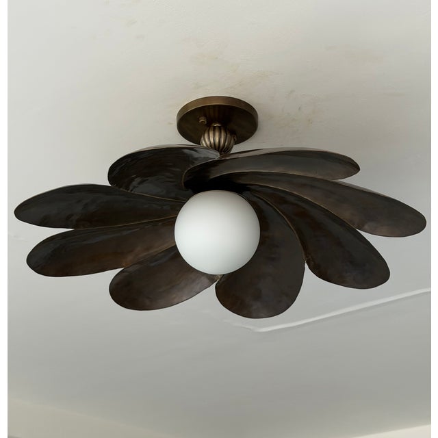 Black Antique Brass Semi Flush Mount Light Fixture, Handmade Flower Ceiling Light For Sale - Image 15 of 18