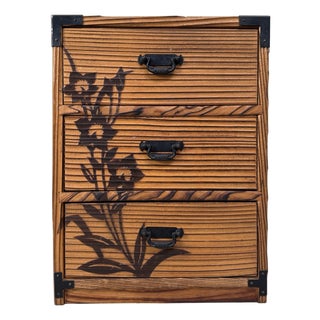 Vintage Japanese Sugi Drawer Cabinet with Floral Decor, 1980s For Sale