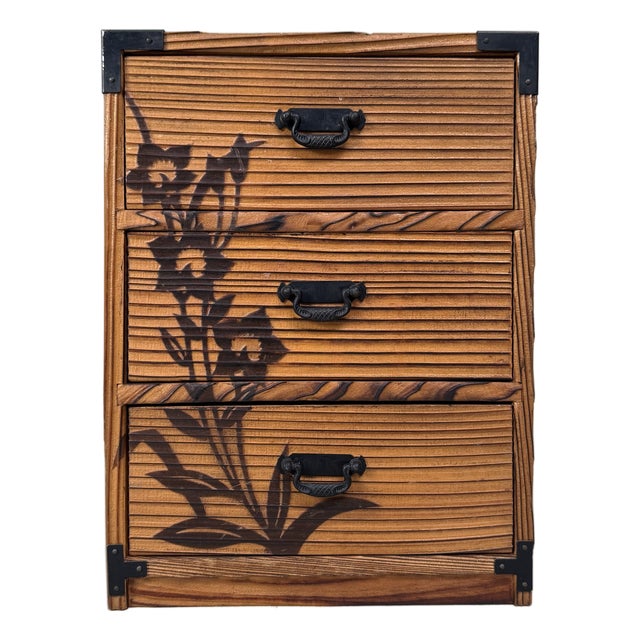 Vintage Japanese Sugi Drawer Cabinet with Floral Decor, 1980s For Sale