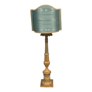 Antique Italian Giltwood Table Lamp With Custom Roman Shade For Sale
