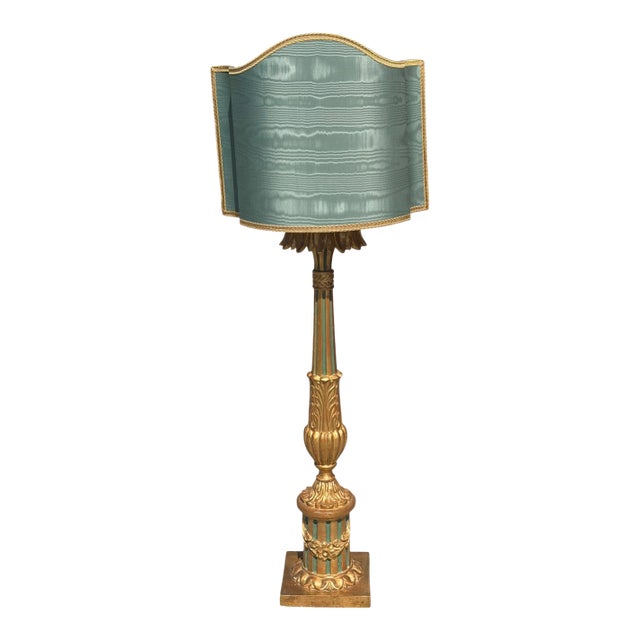 Antique Italian Giltwood Table Lamp With Custom Roman Shade For Sale