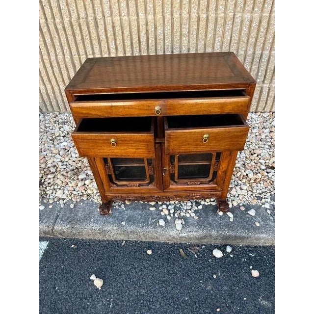 Vintage Chinoiserie Style Carved Teak Wood Display Side Cabinet For Sale - Image 13 of 18