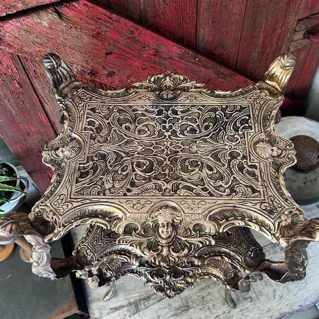Late 19th Century Ornate Brass 3-Tiered Plant Stand or Accent Table With Intricate Engraved Details For Sale - Image 4 of 17