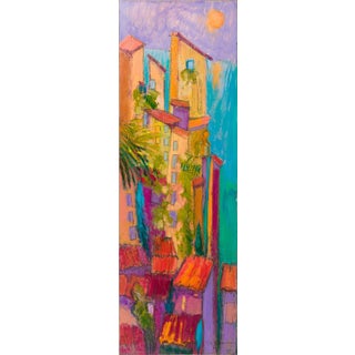 Tower of Dreams by Dorothy Fagan | Oil on Canvas Colorful buildings with a bright sky and sun. For Sale