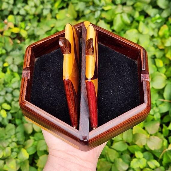 Brown Vintage MCM Japanese Muku Yosegi Wood Parquetry Hexagonal Jewelry Box – Gullwing Lid ​- Mid Century Modern Decor For Sale - Image 8 of 10