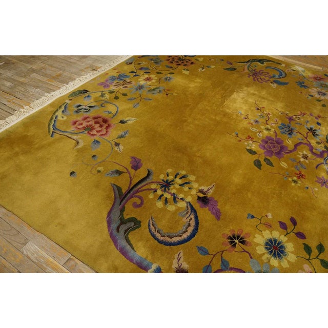 Bronze 1920s Yellow Gold Floral Vase Antique Chinese Art Deco Carpet 8'8" X 11'4" Knotted Wool Rug For Sale - Image 8 of 12