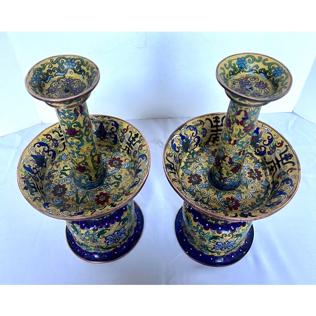 19th Century Chinese Imperial Yellow Cloisonné Enamel Pricket Candle Holders - A Pair For Sale - Image 4 of 18