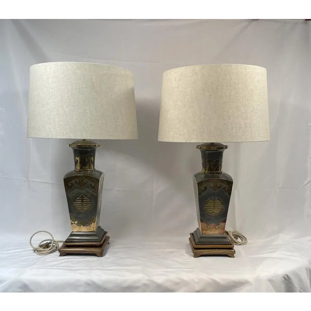 Metal Lamps with Brass Applications on Wooden Bases, 1970s For Sale - Image 13 of 13