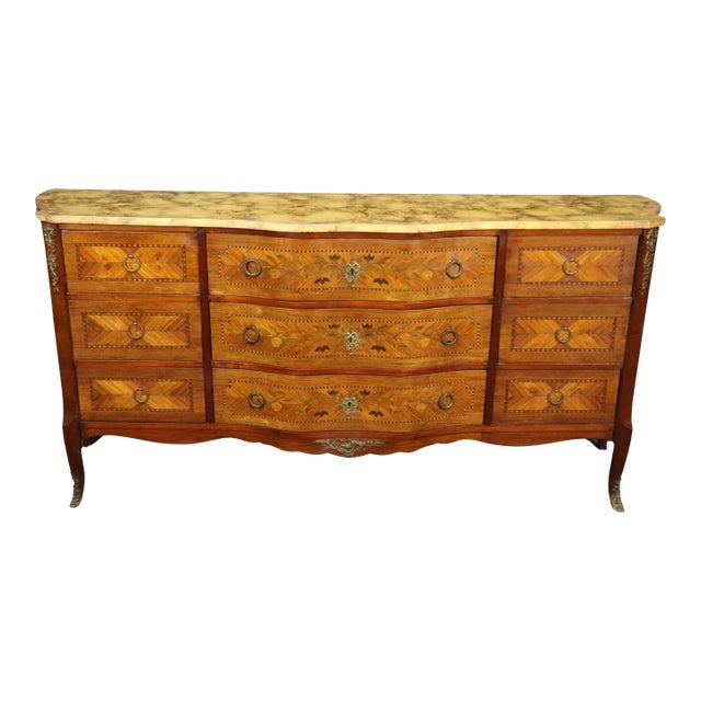 Special Faux Paint Decorated Marble Top Inlaid French Louis XV Wide Dresser 1930 For Sale