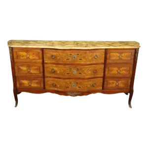 Special Faux Paint Decorated Marble Top Inlaid French Louis XV Wide Dresser 1930
