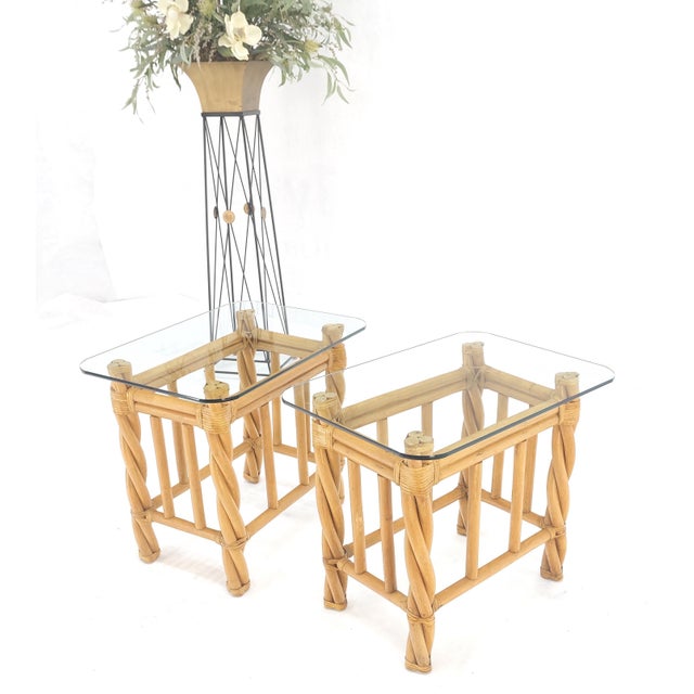 Transparent Pair Decorative Twisted Rattan Rectangle End Side Tables Stand Rounded Glass Top For Sale - Image 8 of 12
