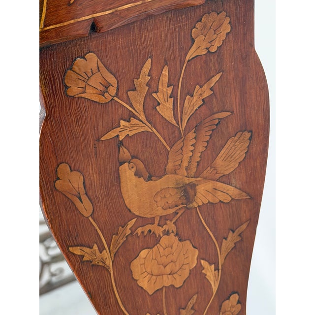 Burnt Umber Antique Dutch Marquetry Mahogany Open Armchair With Bird & Floral Inlay, Late 19th Century For Sale - Image 8 of 12