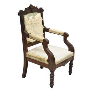 Antique Small Child's Eastlake Victorian Carved Walnut Distress Parlor Arm Chair For Sale