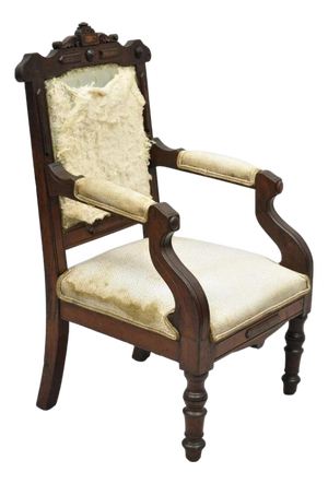 Antique Small Child's Eastlake Victorian Carved Walnut Distress Parlor Arm Chair