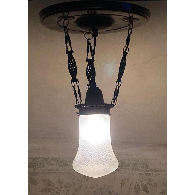 Metal Art Nouveau Brass Chandelier with Iridescent Martelé Glass from Loetz, 1910s For Sale - Image 7 of 10