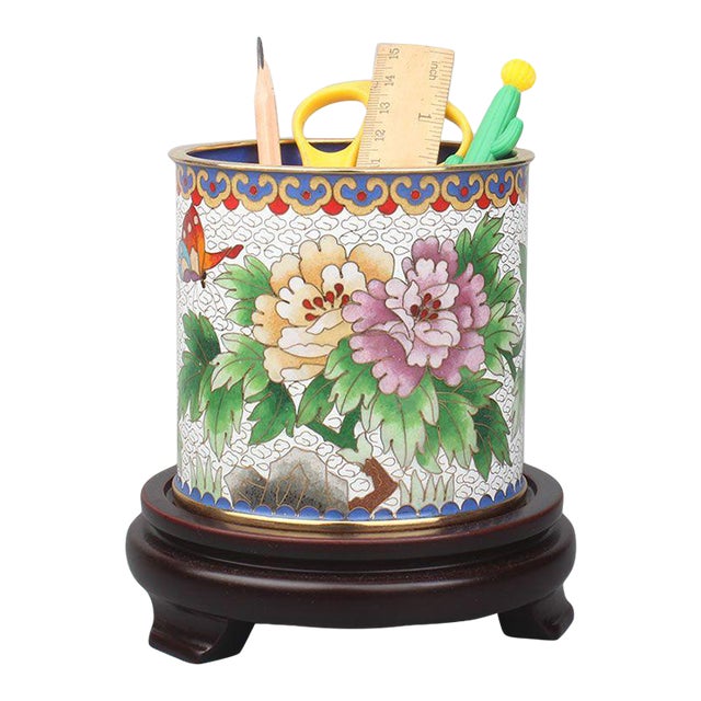 Vintage Cloisonné Enamel Brush Pot / Pen Holder – White Ground Peony & Butterfly Motif, With Wood Stand For Sale