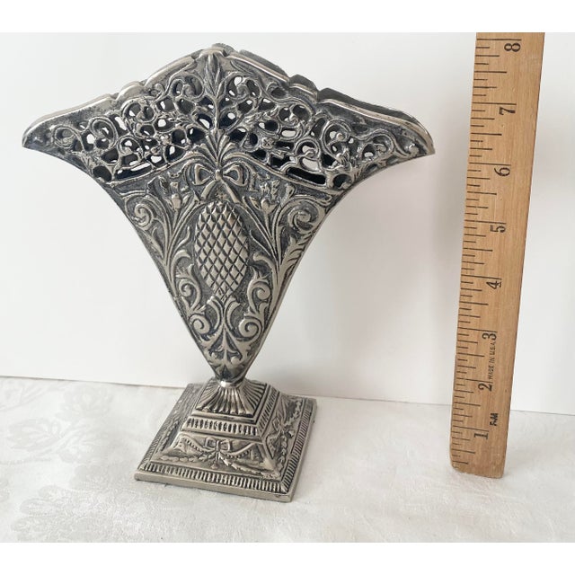 Metal Vintage Ornate Fan Vase, Art Nouveau-Style Scrollwork, a Reticulated Top Edge, and a Central Pineapple Motif. For Sale - Image 7 of 15