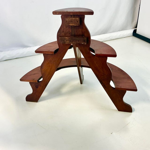 1970s Vintage Arts & Crafts Boho Chic Pine 3-Tier Half Moon Plant Stand, Dark Stain. For Sale - Image 11 of 13