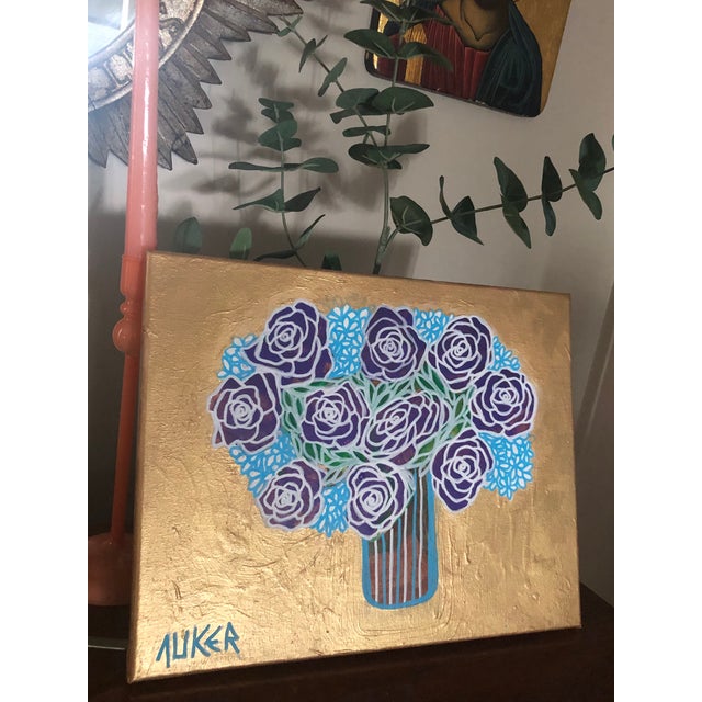 2020s Original Painting on Canvas by CL Auker “Roses on Gold With Blue” For Sale - Image 5 of 9