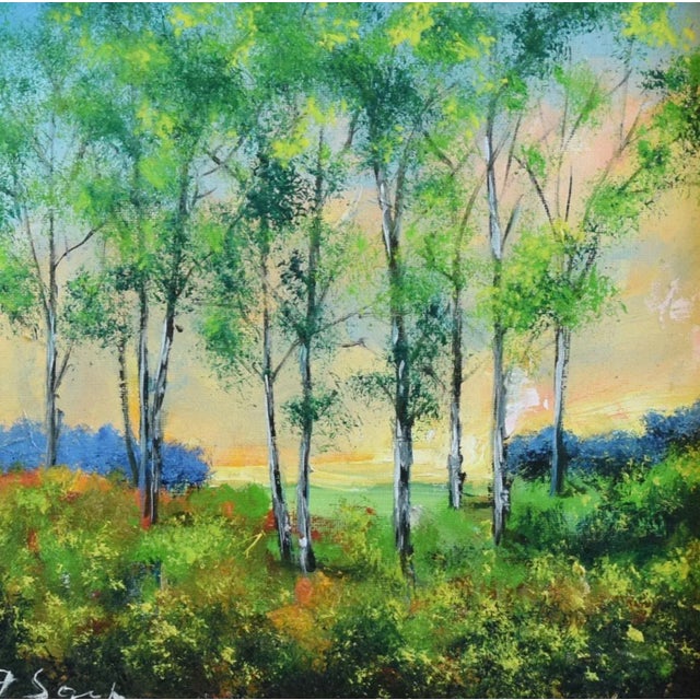 Impressionist grove of tall trees and blue and pink skies with puffy clouds landscape oil painting on stretched artist...