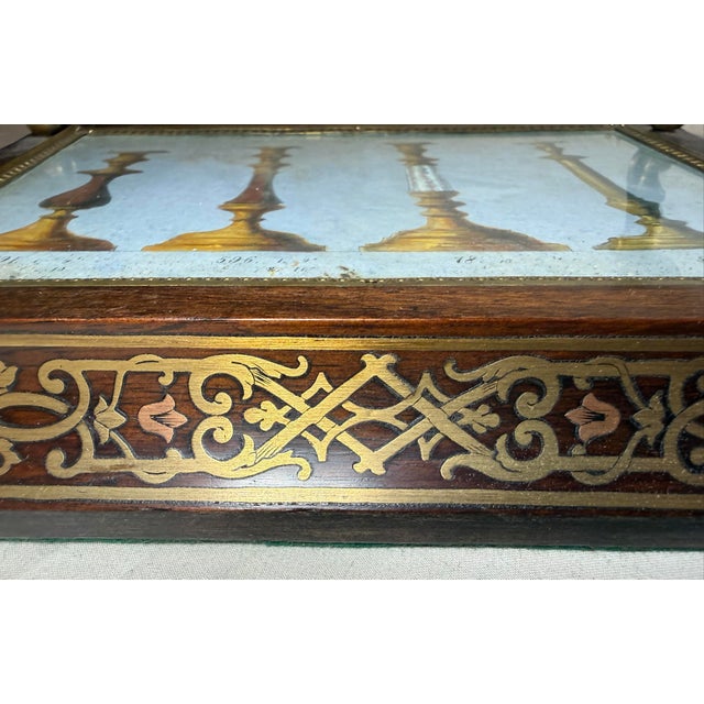 Antique 19th Century French Boulle Wood Brass Original Watercolor Vanity Tray For Sale - Image 4 of 14