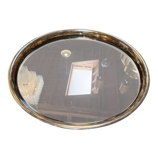 Italian Mid-Century Modern Round Smoked Glass and Brass Serving Tray, 1970s For Sale