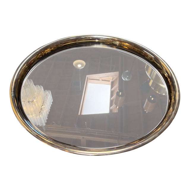 Italian Mid-Century Modern Round Smoked Glass and Brass Serving Tray, 1970s For Sale